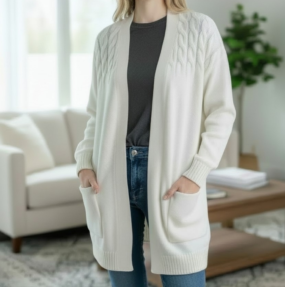 Lucky Brand Venice Cable Open Front Cardigan Cream Medium Coastal Grandmother